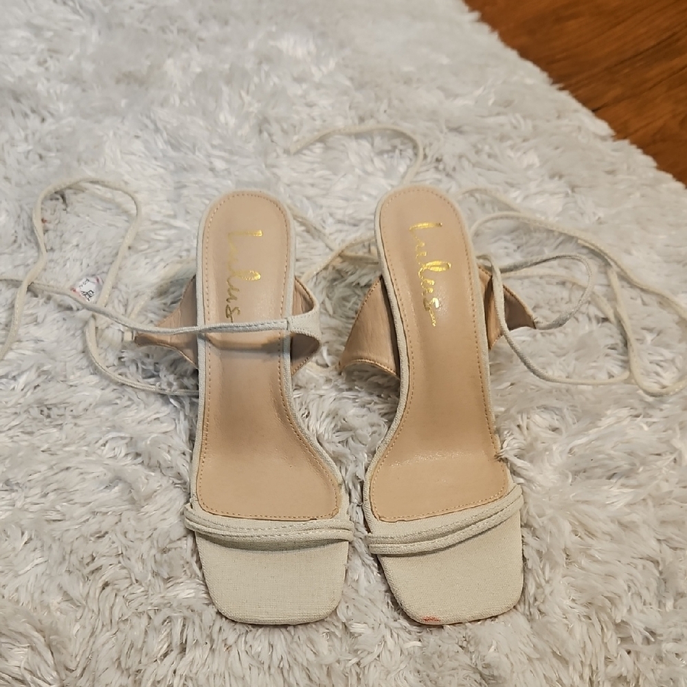 Lulus Womens Heels Lace Up Ankle Tie Square Toe Stiletto Sandal Beige,Sz‎ 10